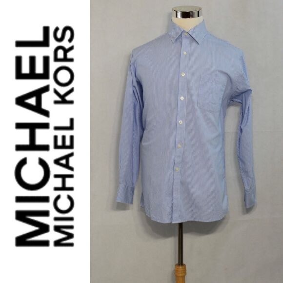 MICHAEL KORS Men’s Pen Striped Dress Shirt Size L 16 34/35 Blue Button Up LS - Picture 3 of 12